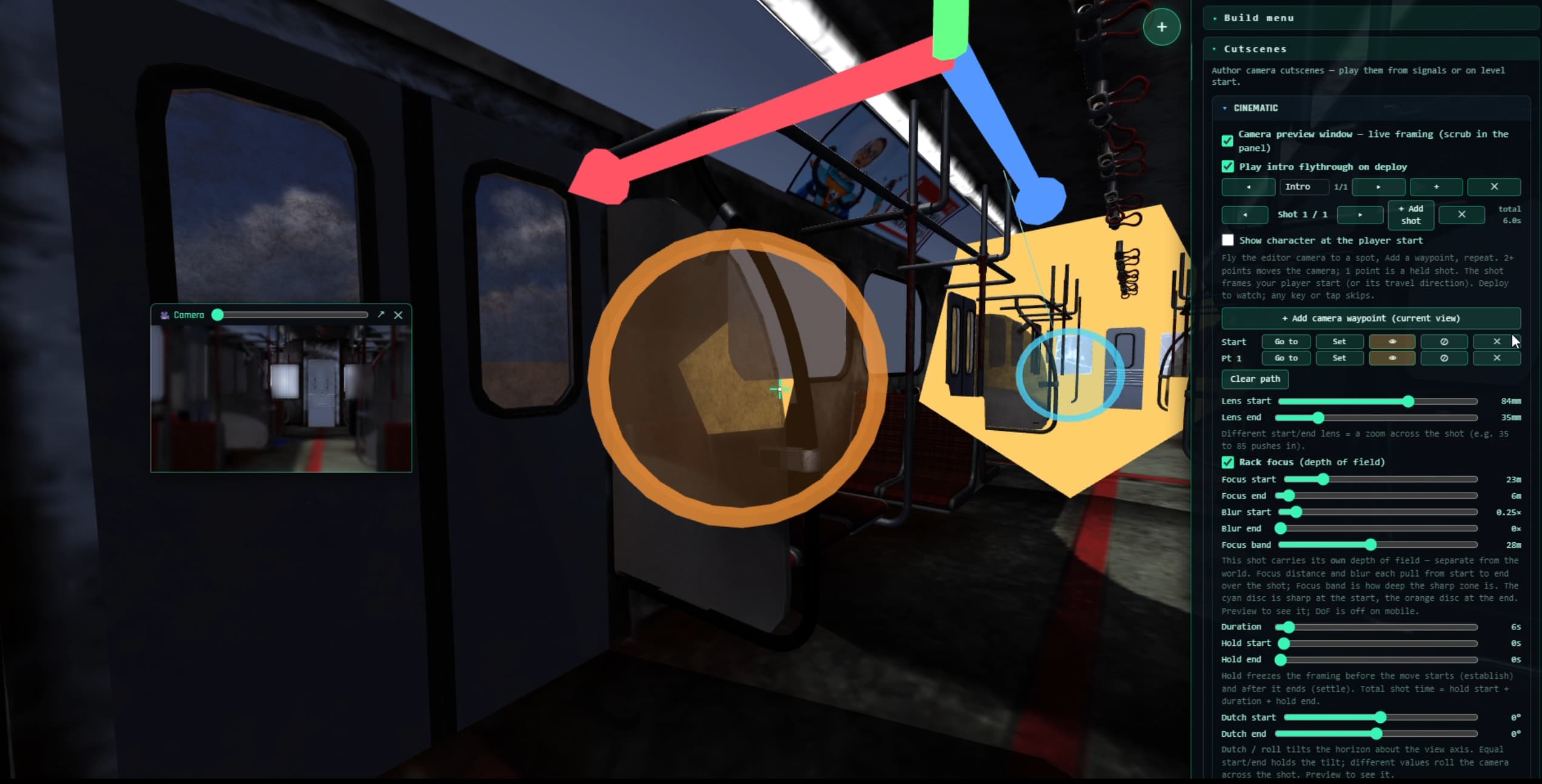 The cinematics builder showing a camera path with control handles over a 3D scene