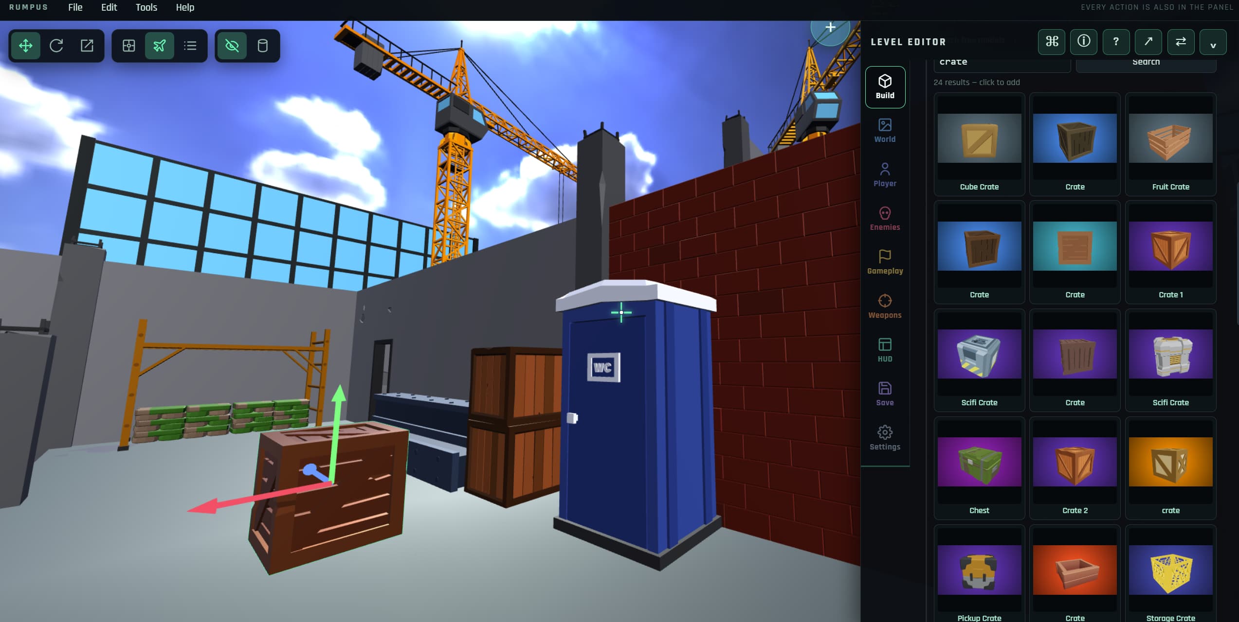 The Rumpus Engine editor: a 3D scene with a transform gizmo on a selected object and the model browser open